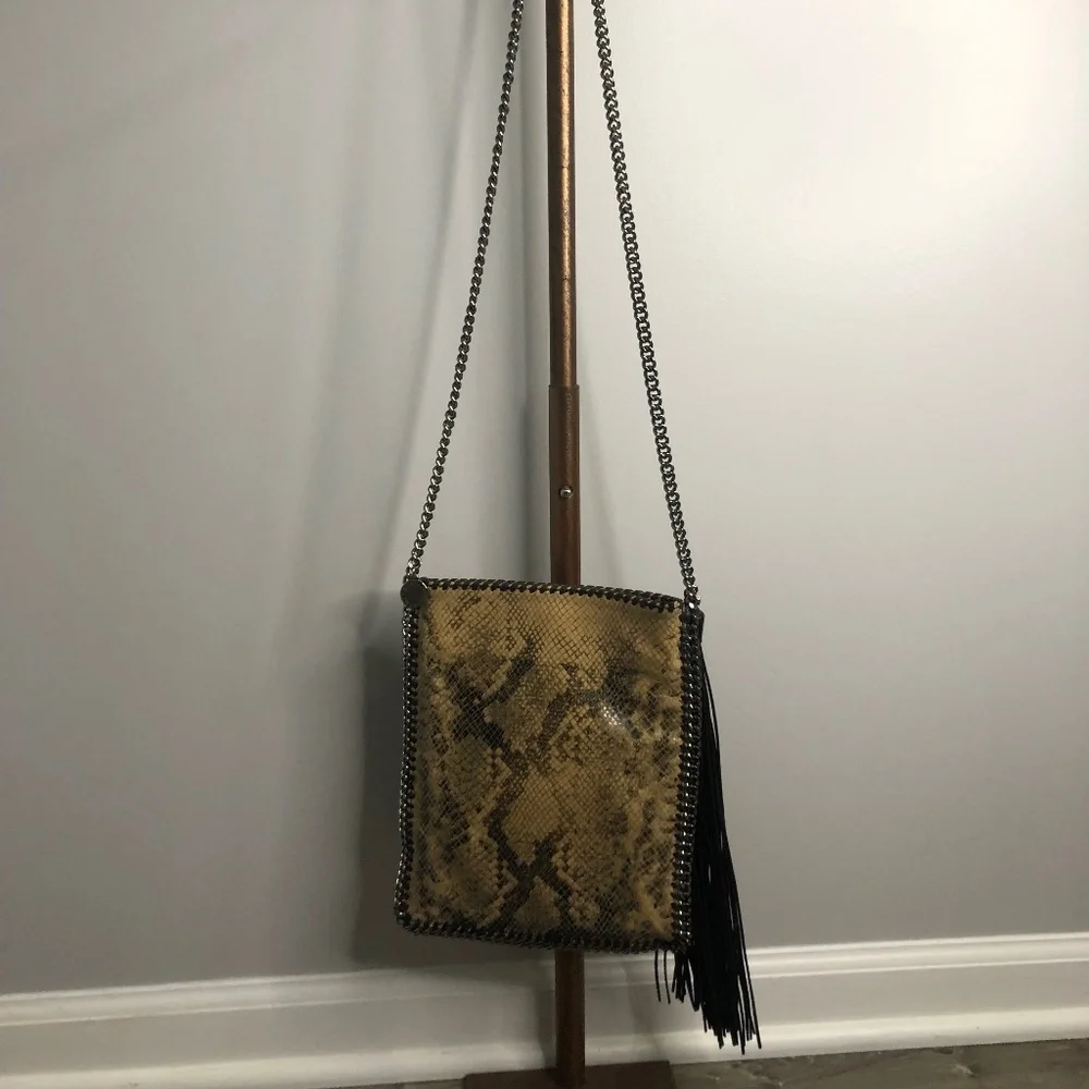 Stella McCartney Embossed Snake Print Flat Crossbody Bag w Tassel Italy - Picture 1 of 9